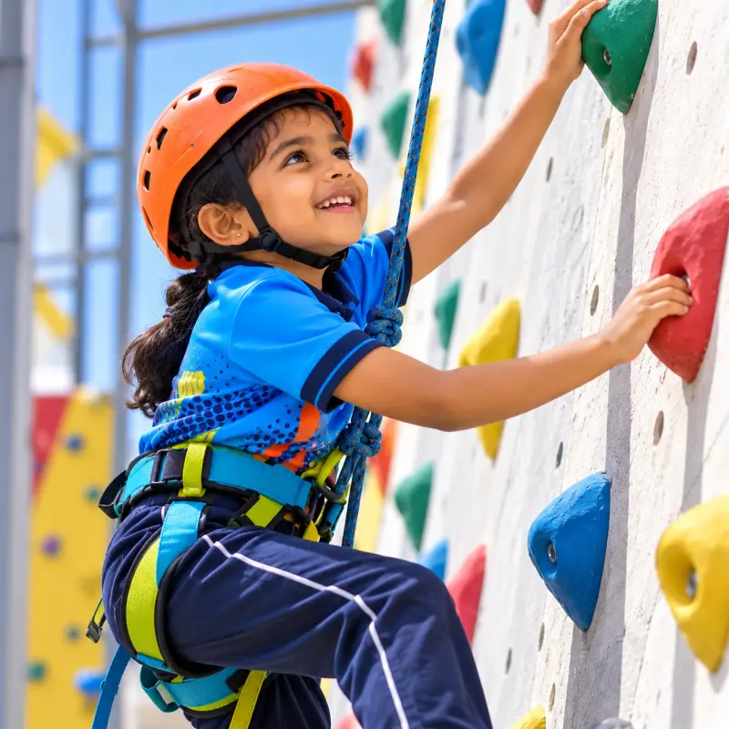 A young student in a helmet and harness climbing the school's rock-climbing wall.