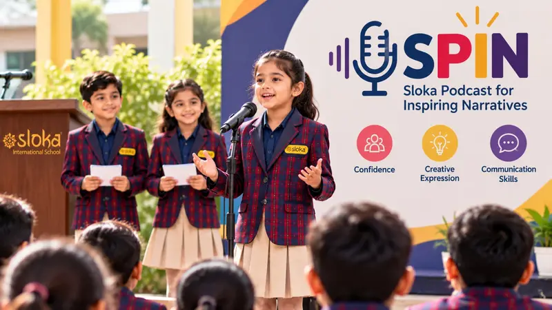 A young student in a Sloka blazer speaking confidently into a microphone at an outdoor assembly.