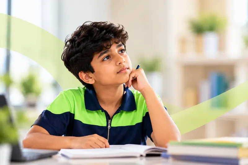 A student pausing to think, pencil in hand, over his notebook.