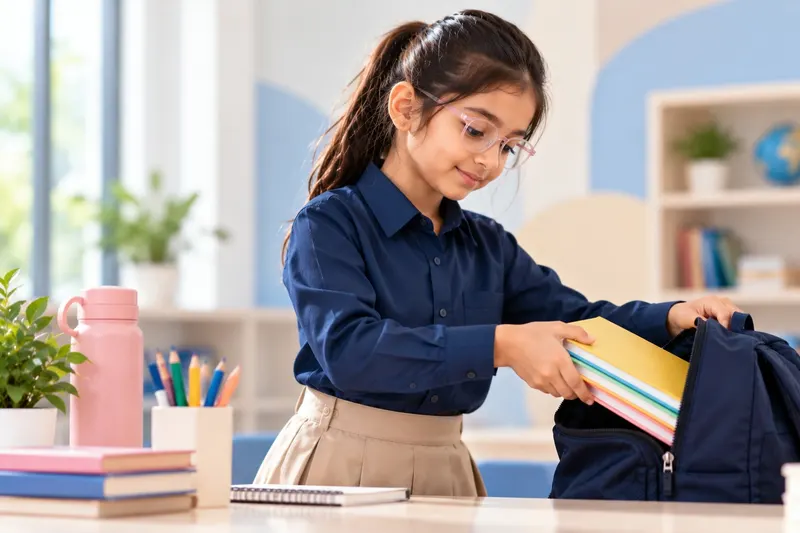 A student packing her own books into her school bag.