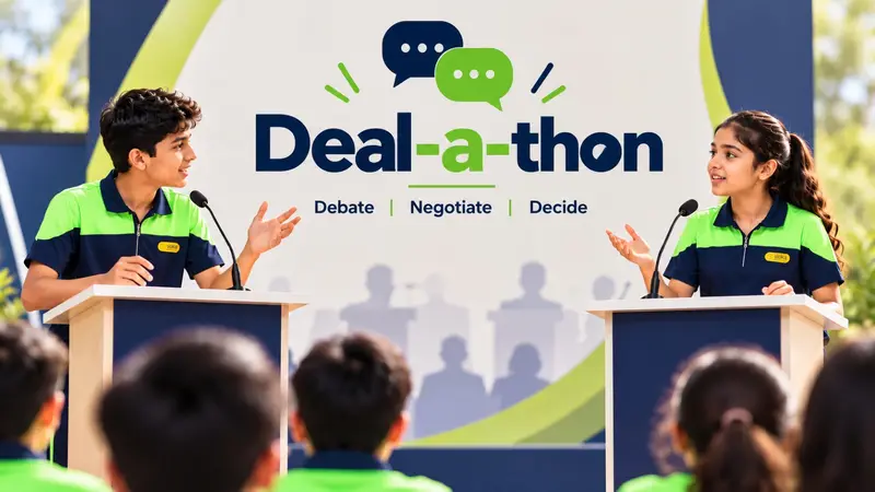 Two students facing each other at podiums on the Dealathon stage.