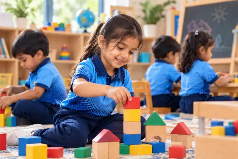 An Early Years girl stacking coloured wooden blocks in a bright classroom.