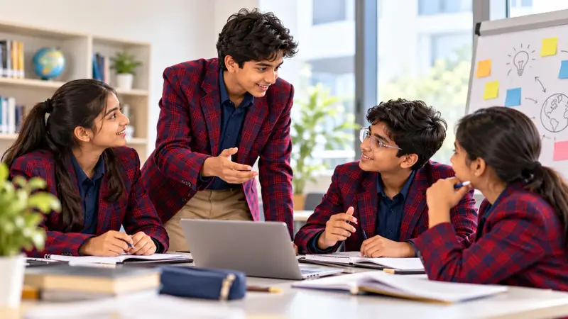 IGCSE students in Sloka blazers discussing ideas around a laptop.