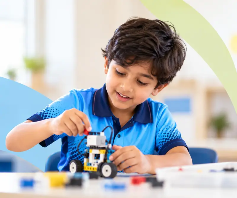 A Primary student building a small robot car from construction blocks.