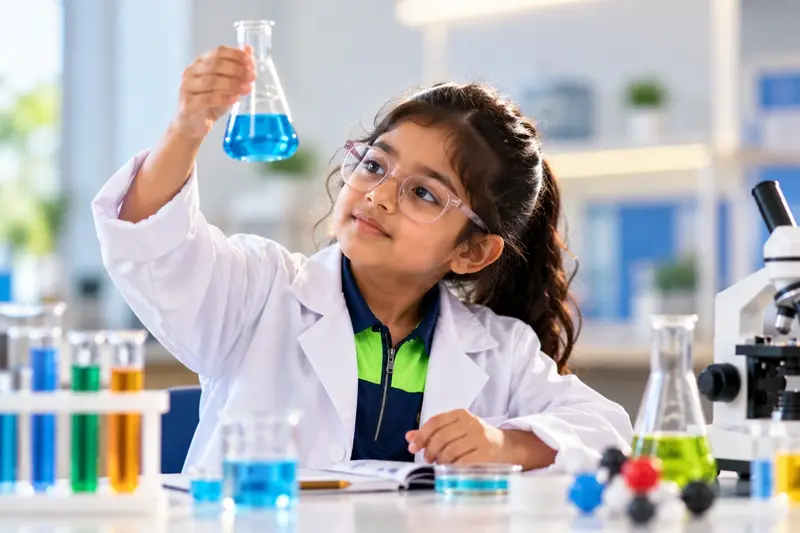 A student in a lab coat holding up a flask of blue liquid in the Sloka science lab.
