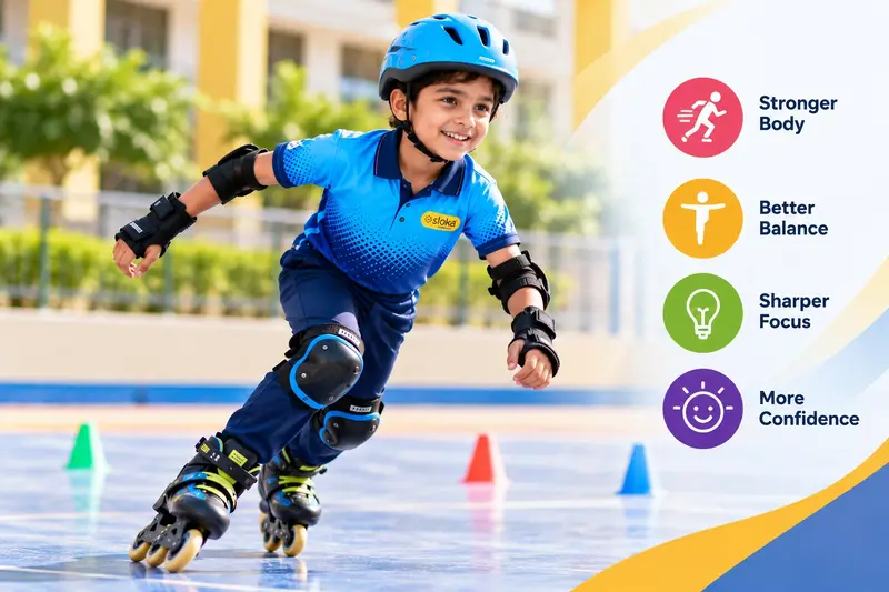 A young student roller skating in full safety gear.