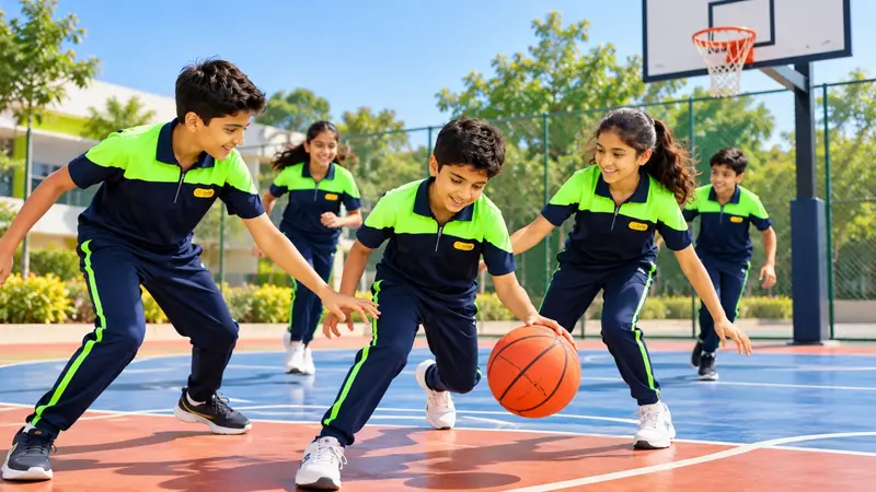 Students playing basketball on the school court.
