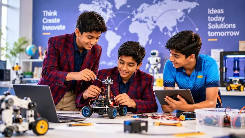 Three Lower Secondary students building a robot car in the STEAM lab.