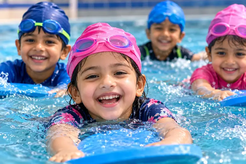 Young students in swimming caps and goggles learning to swim with kickboards.