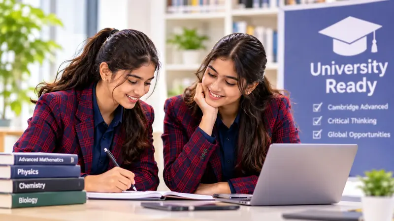 Two senior students studying together for their A Levels, university ready.